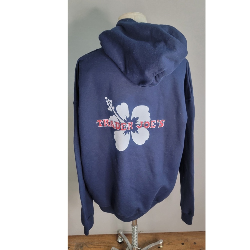 Trader Joe's Hoodie XL Navy Blue Hibiscus Logo Jerzees Super Sweats Men